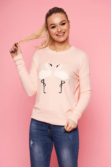 Pulover SunShine piersica casual tricotat scurt cu croi larg cu decolteu la baza gatului si insertii cu blana ecologica
