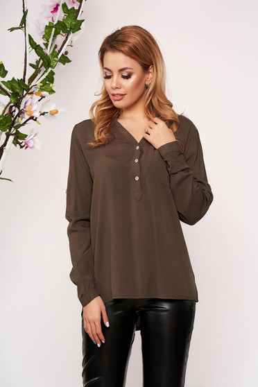 Camasa dama SunShine khaki office scurta material subtire cu decolteu in v cu maneci lungi un buzunar in fata