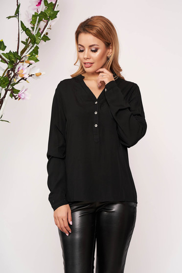 Camasa dama SunShine neagra office scurta din material subtire cu decolteu in v cu maneci lungi si un buzunar in piept