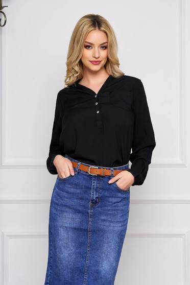 Camasa dama SunShine neagra office scurta din material subtire cu decolteu in v cu maneci lungi si un buzunar in piept