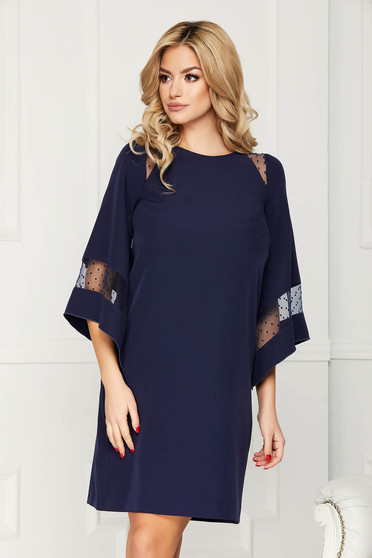 Rochie StarShinerS albastru-inchis midi de ocazie din stofa elastica cu croi tip balon cu insertii de voal si captusita pe interior
