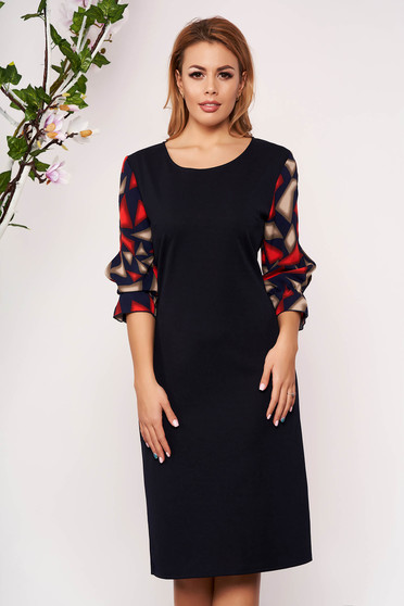 Rochie albastru-inchis eleganta scurta tip creion cu maneci trei-sferturi din voal si imprimeuri grafice