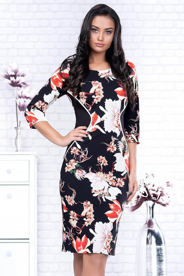 Rochie neagra eleganta tip creion din stofa cu maneci trei-sferturi si imprimeuri florale