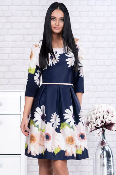 Rochie albastru-inchis eleganta scurta din stofa cu accesoriu tip curea si maneci trei-sferturi