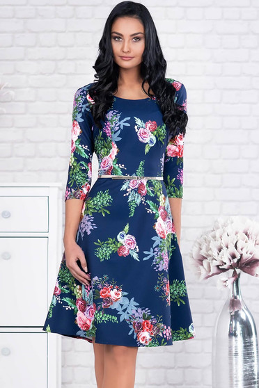 Rochie albastru-inchis eleganta midi din stofa cu accesoriu tip curea si imprimeu floral