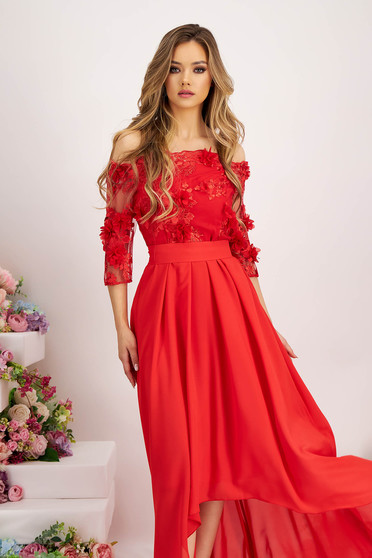Lace dresses, StarShinerS red occasional asymmetrical cloche dress accessorized with tied waistband laced - StarShinerS.com