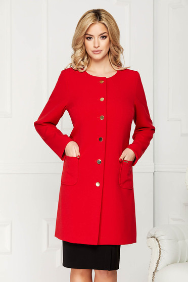 Trench rosu elegant din stofa cu un croi drept cu buzunare si inchidere cu nasturi