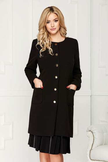 Trench negru elegant din stofa cu un croi drept cu buzunare si inchidere cu nasturi