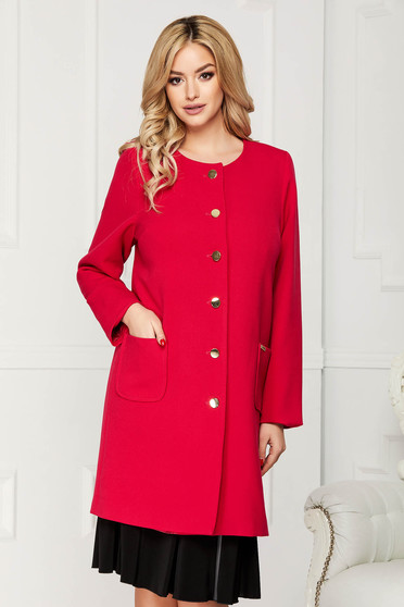 Trench fuchsia elegant din stofa cu un croi drept cu buzunare si inchidere cu nasturi