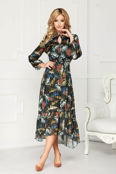 Rochie verde petrol asimetrica eleganta din voal cu imprimeuri florale si cu elastic in talie