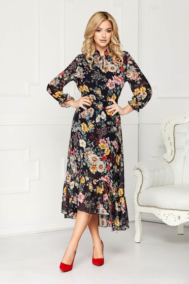 Rochie albastru-inchis eleganta midi in clos din voal asimetrica cu imprimeuri florale