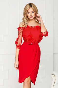 Dress StarShinerS red off-shoulder elegant with raised flowers off-shoulder cloth