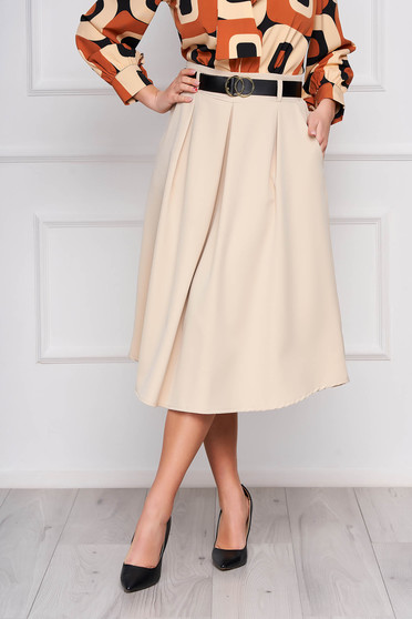 Fusta SunShine crem office midi in clos cu pliuri de material cu accesoriu tip curea si buzunare