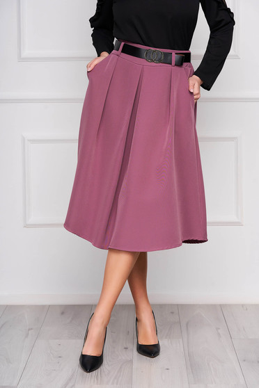 Fusta SunShine mov office midi in clos cu pliuri de material cu accesoriu tip curea si buzunare