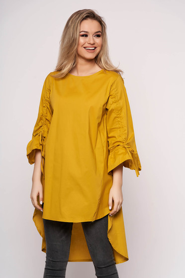 Rochie mustarie SunShine casual asimetrica cu croi in a din bumbac cu maneca 3/4
