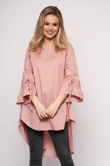 Rochie roz prafuit SunShine casual asimetrica cu croi in a din bumbac cu maneca 3/4