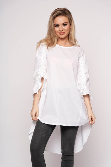 Rochie alba SunShine casual asimetrica cu croi in a din bumbac cu maneca 3/4