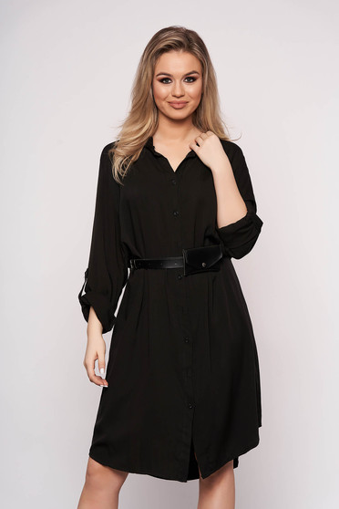 Rochie SunShine neagra midi de zi cu un croi drept cu accesoriu tip curea din imitatie de piele