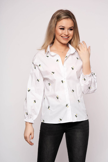 Camasa dama SunShine alba casual scurta din bumbac cu croi larg si imprimeu floral