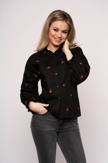 Camasa dama SunShine neagra casual scurta din bumbac cu croi larg si imprimeu floral