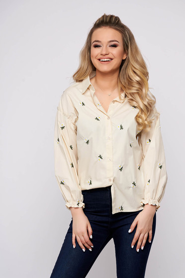 Camasa dama SunShine crem casual scurta din bumbac cu croi larg si imprimeu floral