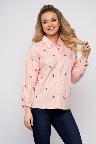 Camasa dama SunShine piersica casual scurta din bumbac cu croi larg si imprimeu floral