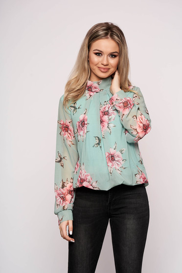 Camasa dama albastru aqua SunShine cu imprimeuri florale din voal scurta cu croi larg cu maneca lunga eleganta