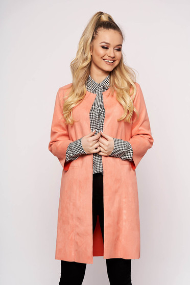 Cardigan SunShine casual corai din velur cu un croi drept cu maneci trei-sferturi