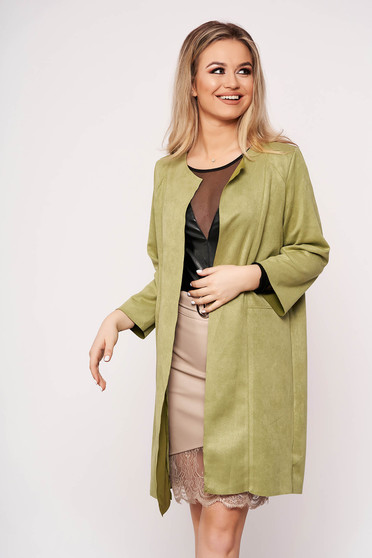 Cardigan SunShine casual verde-deschis din velur cu un croi drept cu maneci trei-sferturi
