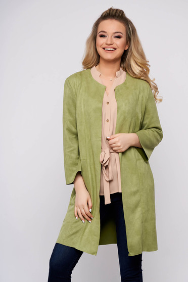 Cardigan SunShine casual verde-deschis din velur cu un croi drept cu maneci trei-sferturi