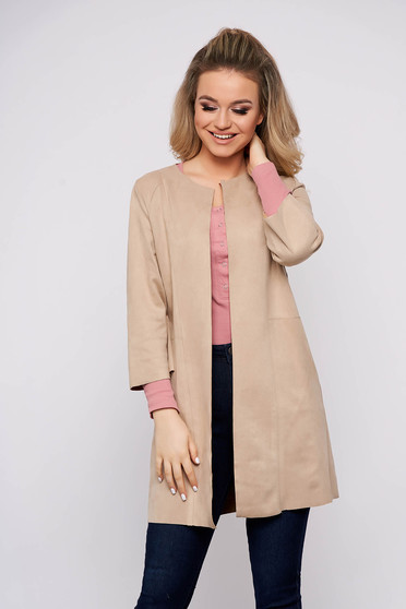 Cardigan SunShine casual crem din velur cu un croi drept cu maneci trei-sferturi