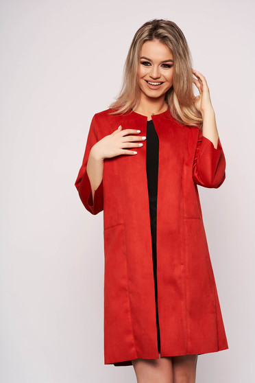 Cardigan SunShine casual rosu din velur cu un croi drept cu maneci trei-sferturi