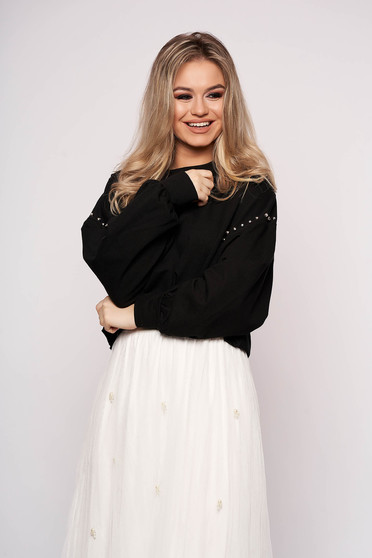 Bluza dama SunShine neagra scurta casual din bumbac cu croi larg si aplicatii cu pietre strass