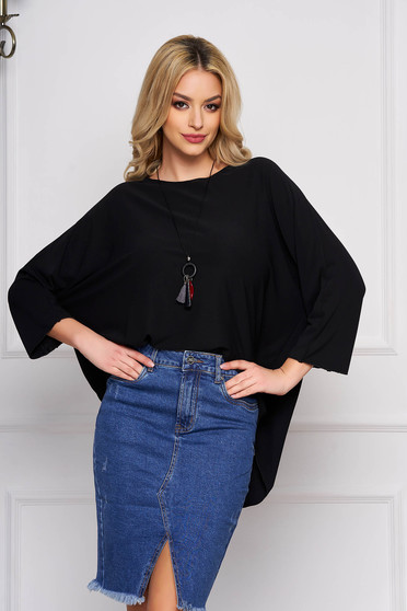 Bluza dama SunShine neagra casual scurta asimetrica din bumbac cu croi larg