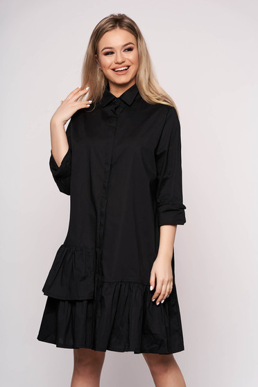 Rochie neagra SunShine cu maneci lungi scurta din bumbac cu volanase casual in clos