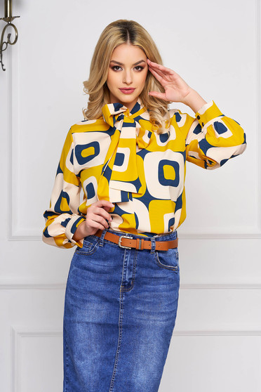 Bluza dama SunShine galbena office scurta din voal cu croi larg si guler tip esarfa