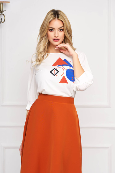 Bluza dama StarShinerS alba eleganta cu croi larg cu maneci bufante cu imprimeu geometric