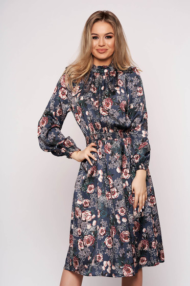 Rochie Top Secret albastru-inchis eleganta midi din satin in clos cu imprimeu floral