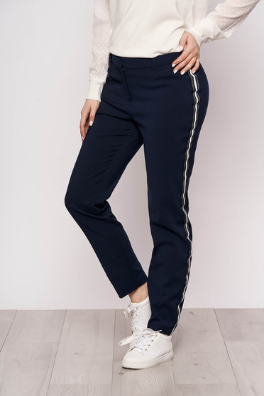 Pantaloni Top Secret albastru-inchis office din stofa conici cu talie inalta cu dungi orizontale cu buzunare