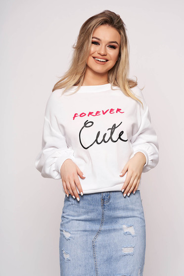 Bluza dama Top Secret casual alba cu imprimeu cu scris cu maneci lungi