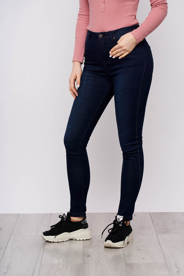 Skinny trousers, Darkblue trousers casual denim high waisted conical with pockets - StarShinerS.com