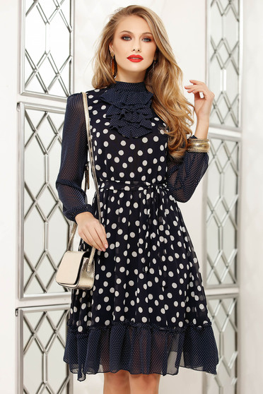 Rochie Fofy office albastru-inchis in clos midi din voal cu volanase cu buline cu maneci lungi
