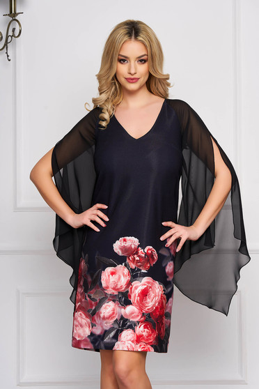 Rochie StarShinerS neagra de ocazie scurta cu croi in a cu maneci din voal si imprimeuri florale
