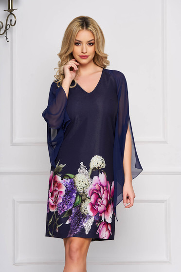 Rochie StarShinerS albastru-inchis de ocazie scurta cu croi in a cu maneci din voal si imprimeuri florale