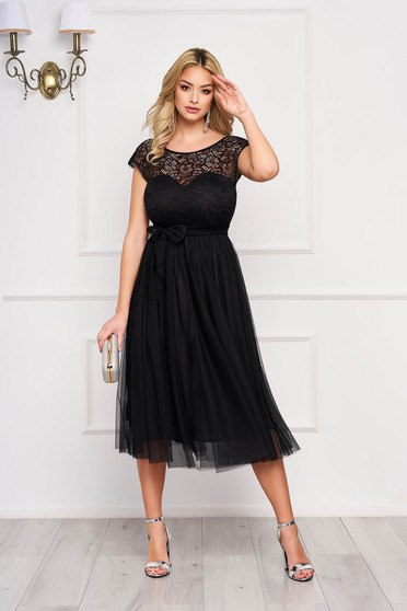 Black dresses, Dress - StarShinerS black midi cloche laced accessorized with tied waistband - StarShinerS.com