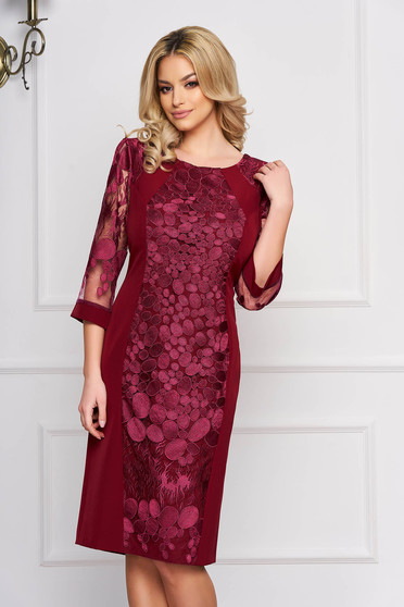 Rochie visinie eleganta midi cu un croi drept din stofa cu aplicatii de dantela