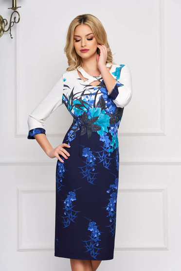 Rochie albastru-inchis eleganta midi cu un croi drept din stofa cu imprimeu floral