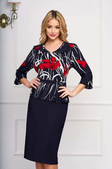 Rochie albastru-inchis office midi cu un croi drept cu guler barcuta si imprimeu grafic