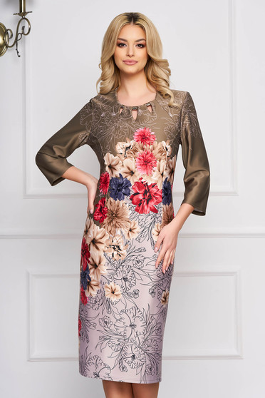 Rochie khaki office midi cu un croi drept cu imprimeu floral si aplicatii metalice