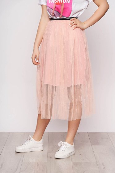 Fusta SunShine roz prafuit casual midi in clos din tul cu elastic in talie si captusita pe interior